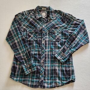 BKE Western Teal & Navy Plaid  Slim Fit Stretch Pearl Snap Size Large